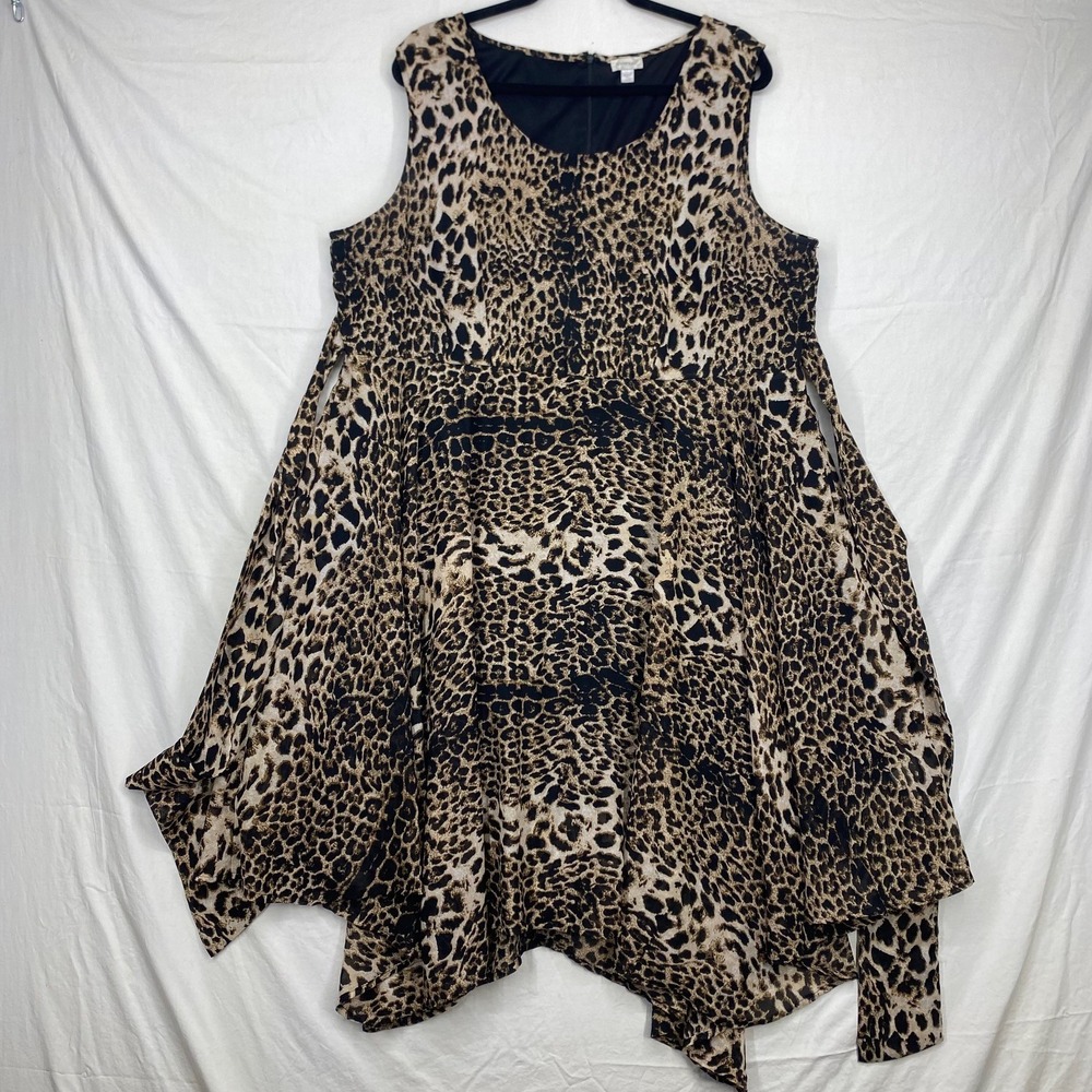 Avenue Leopard Print Handkerchief Hem Sleeveless Tie Back Dress Brown Tan 18/20